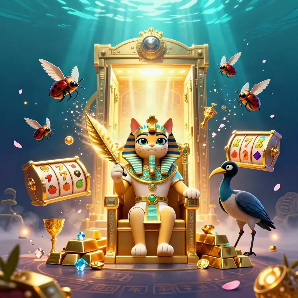 Golden pharaoh cat, ibis scribe, and scarab sprites amid vault loot and neon casino glow