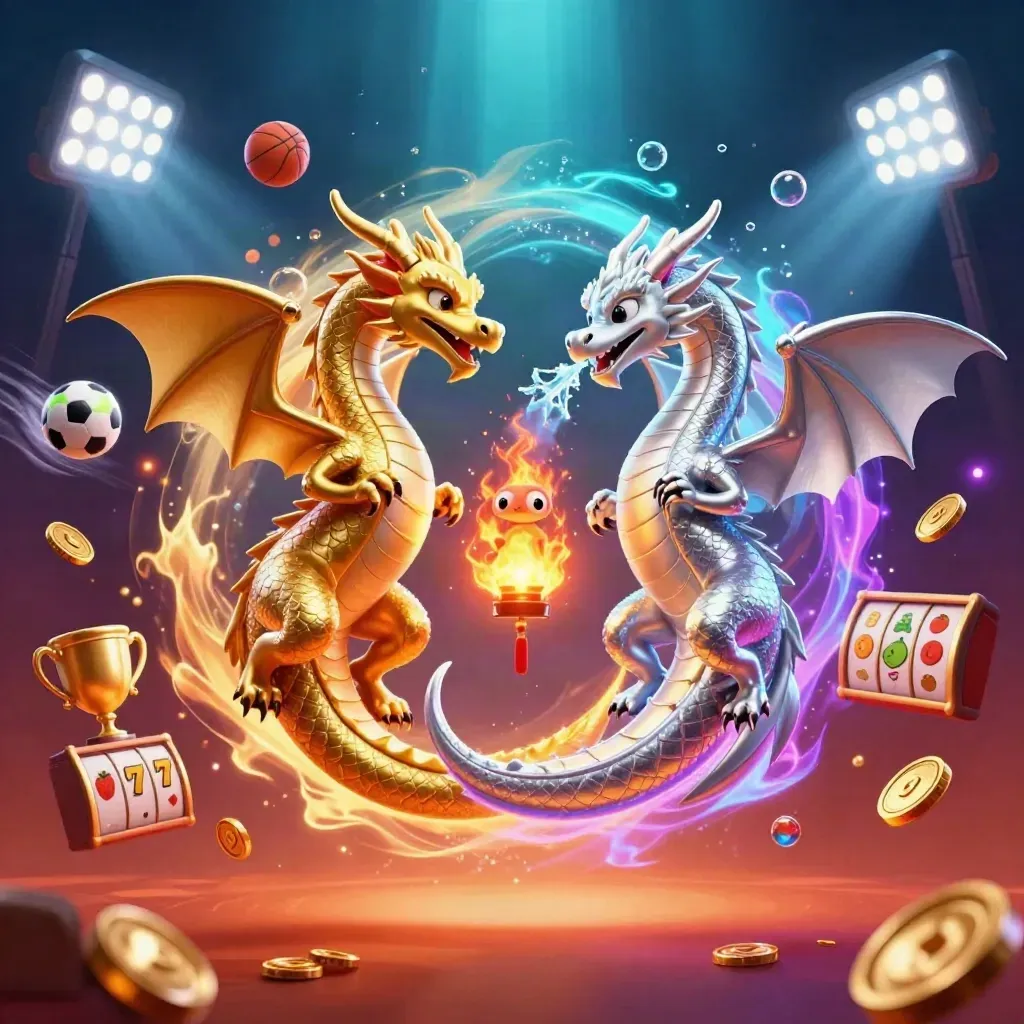 Gold and silver dragons spiral in yin-yang with sports balls, coins, trophy, and neon casino effects.