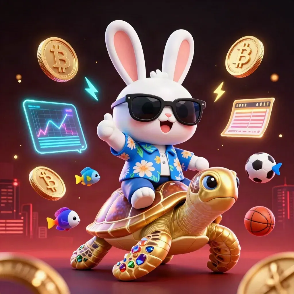 Lucky rabbit on a golden sea turtle amid neon coins, sparks, and esports betting icons.