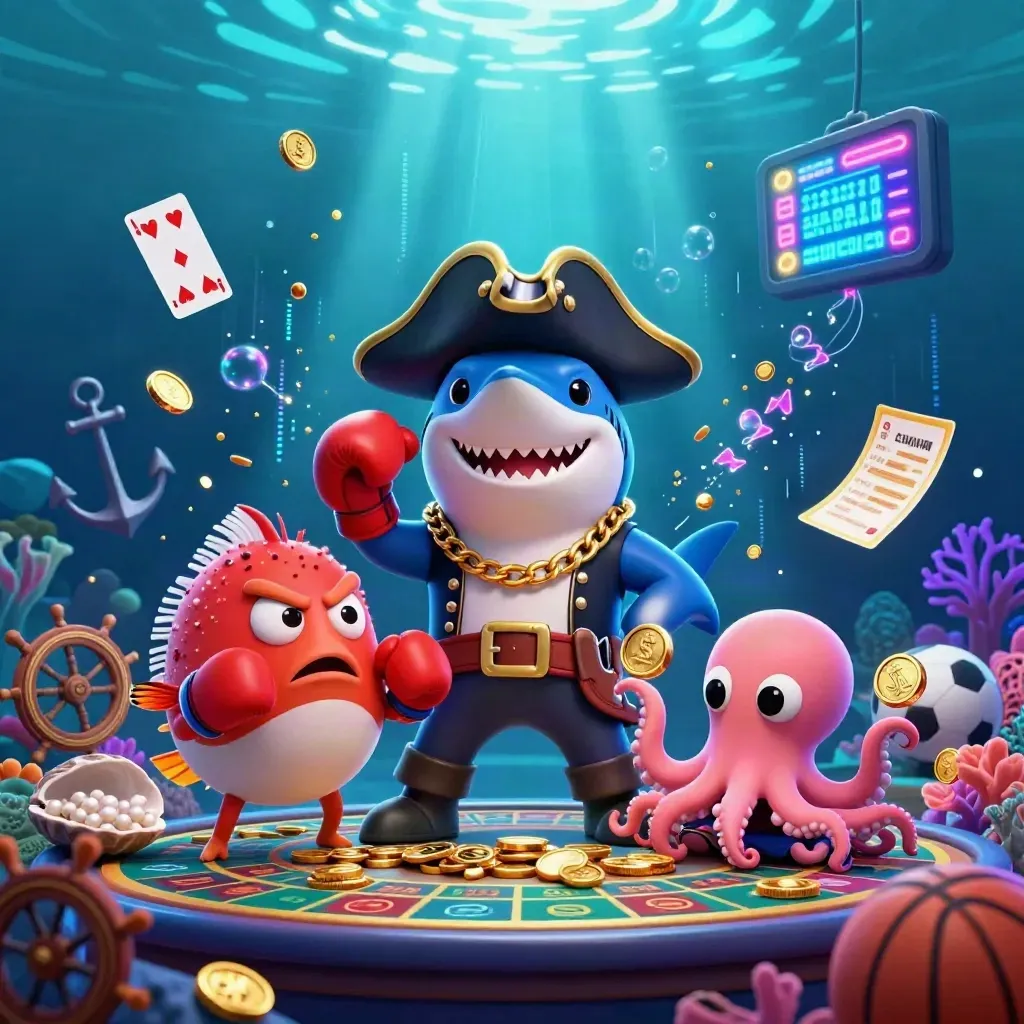 Shark pirate, boxing pufferfish, and coin-juggling octopus in a neon underwater casino cove.