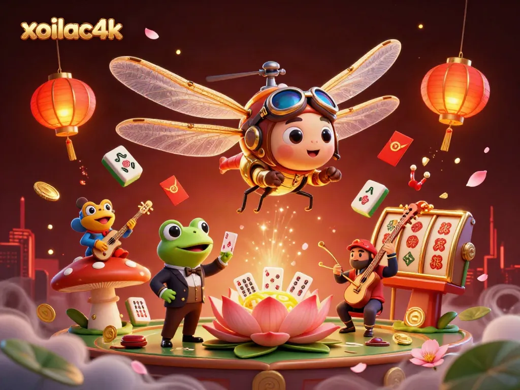 Xoilac4k casino scene with a dragonfly pilot and frog dealer, showcasing lively card games and vibrant decorations.