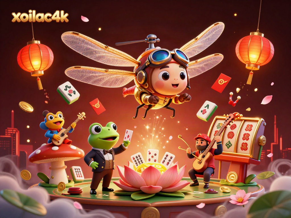 Xoilac4k casino scene with a dragonfly pilot and frog dealer, showcasing lively card games and vibrant decorations.