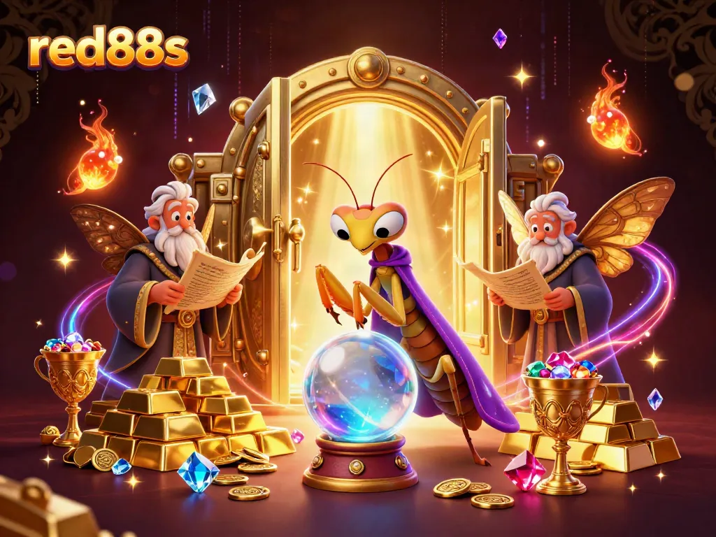 Discover red88s with a mystical fortune teller and wise moth in a vibrant casino setting.