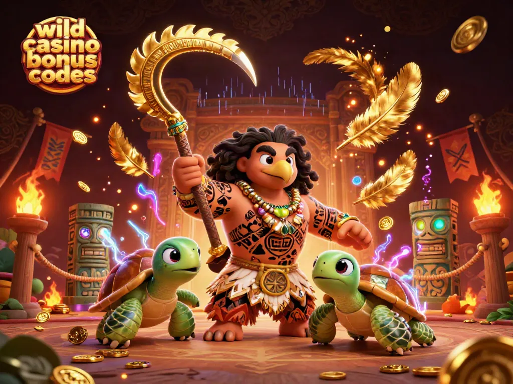 Play with wild casino bonus codes in a vibrant 3D casino scene featuring dynamic characters and gold coins.