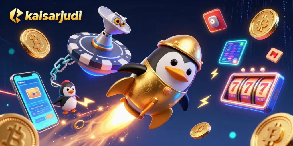 Join the kaisarjudi adventure with a dynamic casino-themed scene, featuring a rocket penguin and exciting game elements.