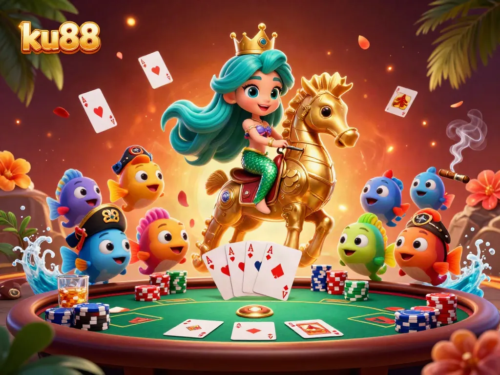 Experience exciting gambling fun at ku88 with vibrant, colorful 3D characters and casino elements in a dynamic setting.