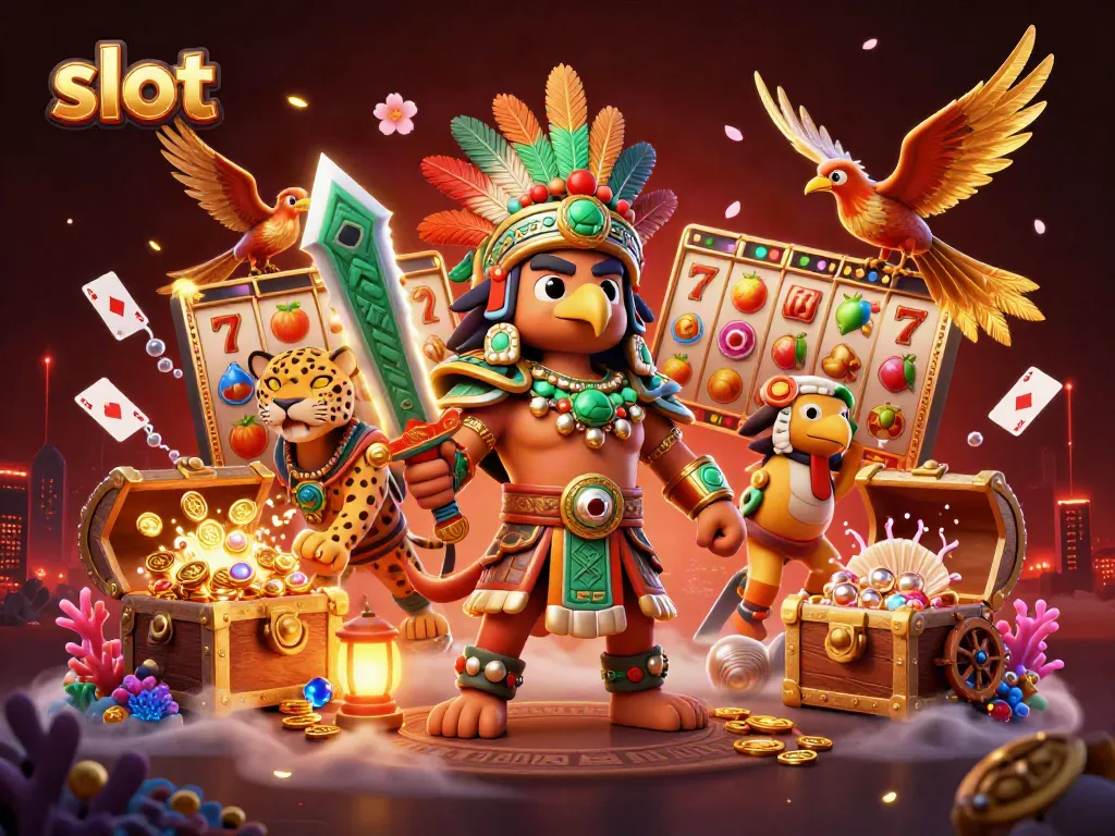 Engaging slot-themed 3D illustration featuring Aztec warriors amidst dynamic casino elements.