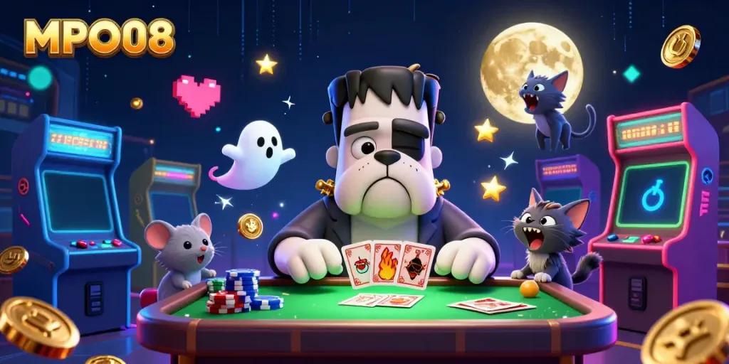 MPO08 features a vibrant 3D cartoon scene with a monster dealer and animated gambling elements.
