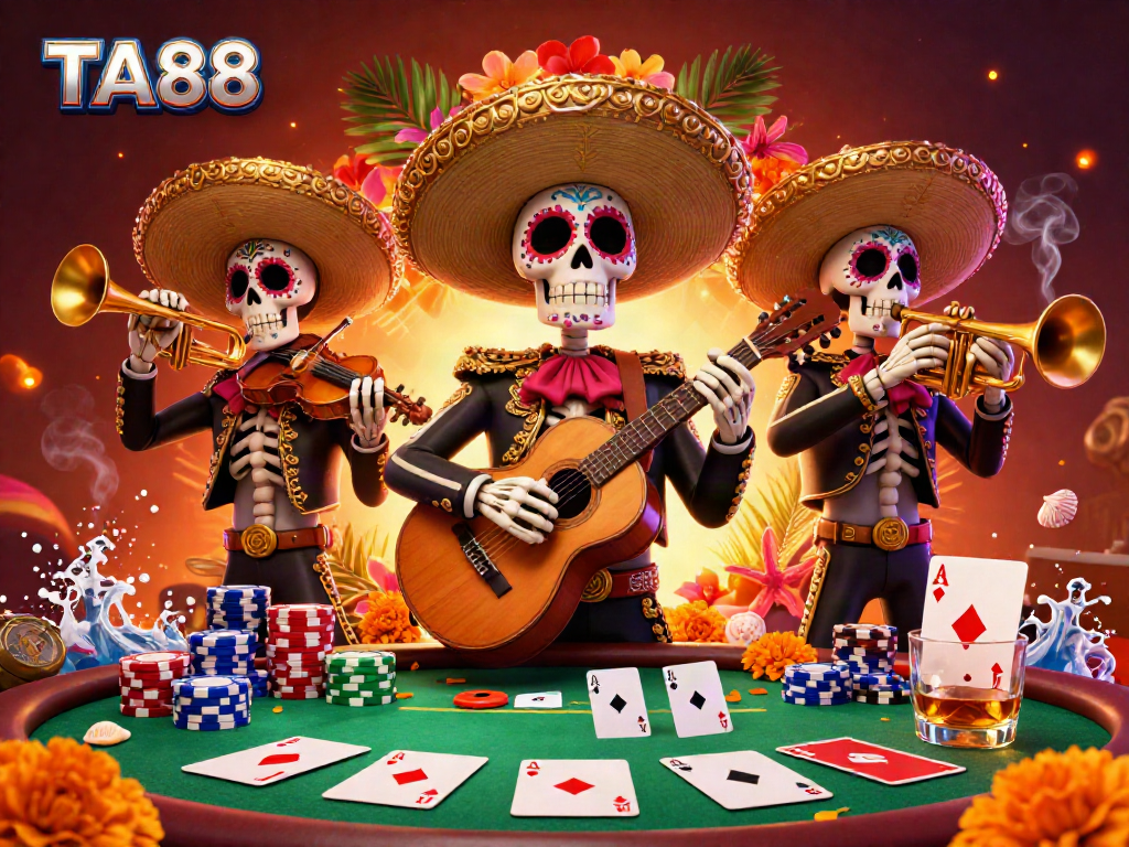 Experience TA88's high-energy gaming scene with colorful mariachi characters, poker table elements, and vibrant decorations.