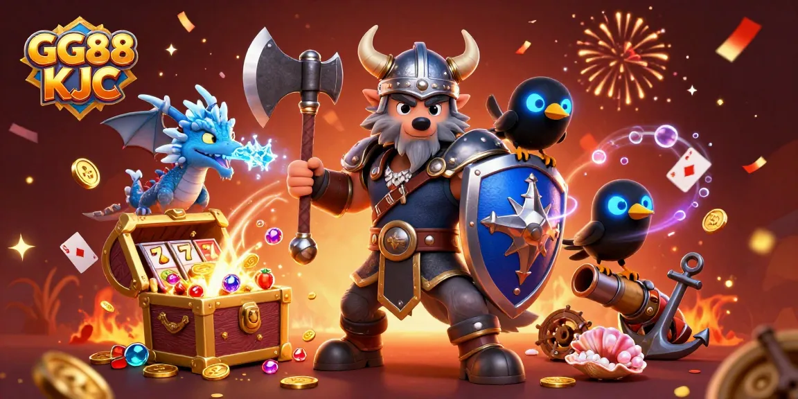 Engage in thrilling action at GG88 KJC with a Viking warrior and dragon amidst slot reels and treasures.
