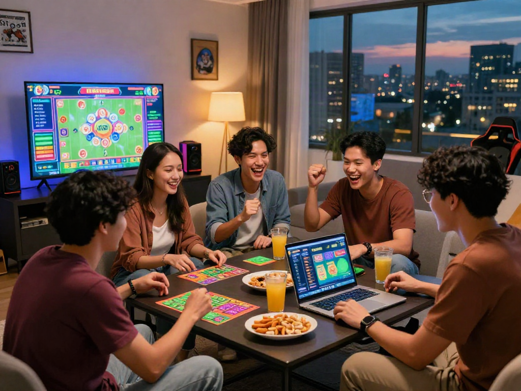 Friends enjoying a lively togel game session, showcasing excitement and camaraderie in a cozy living room.