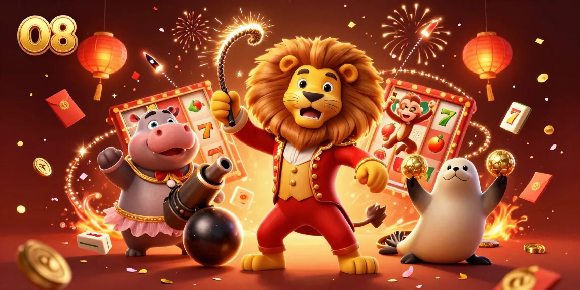 Engage with O8 in this vibrant 3D illustration showcasing thrilling casino elements like slot reels and rich characters.
