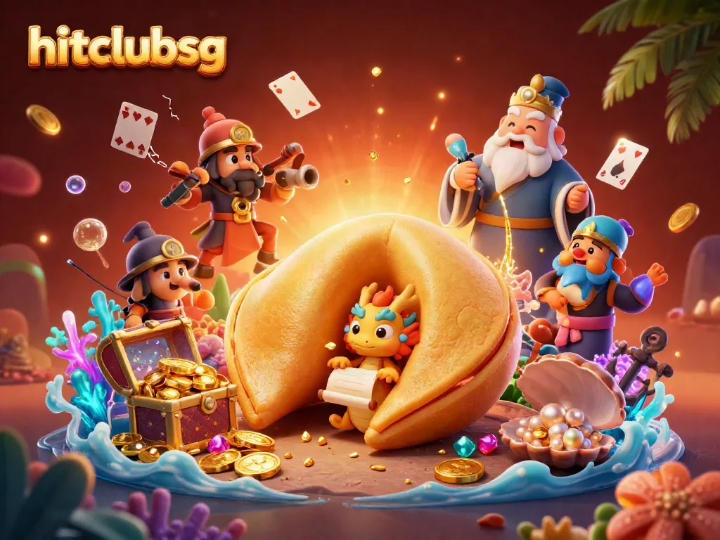 Join the action at hitclubsg with a vibrant 3D illustration showcasing fortune elements and gold treasures.