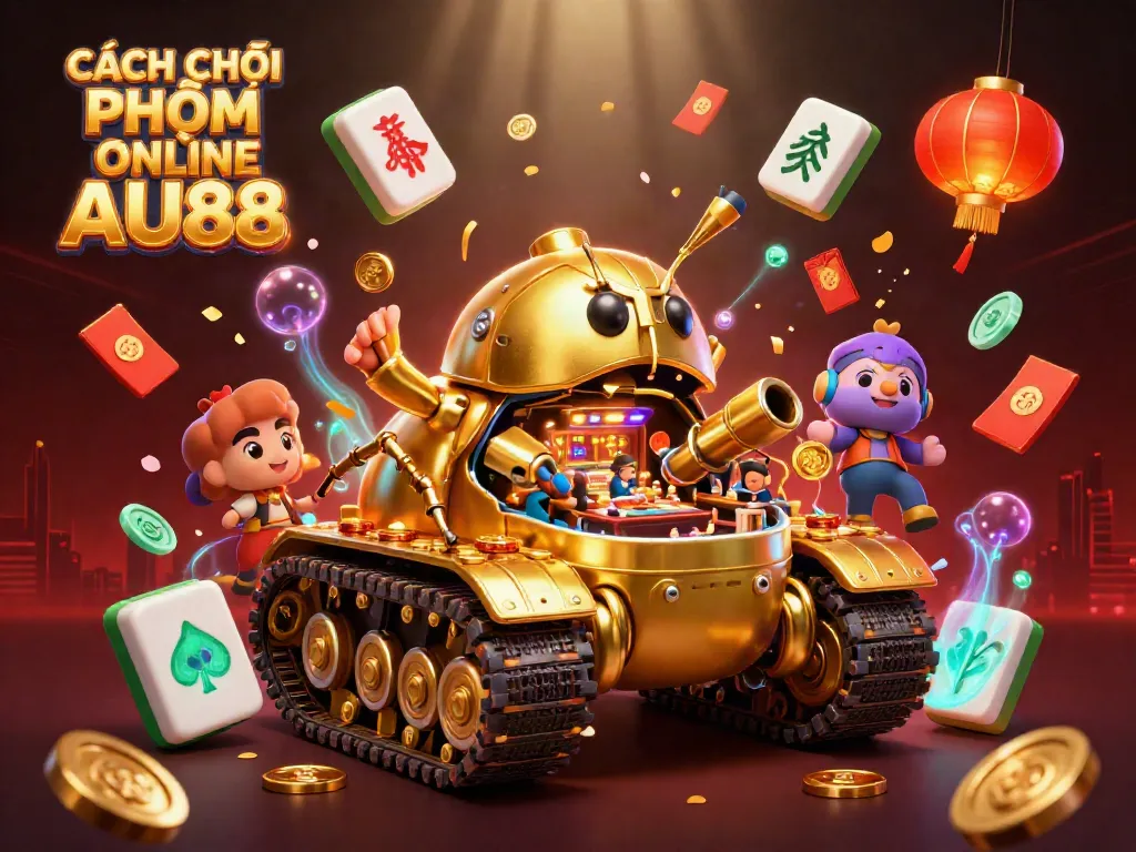 CÁCH CHƠI PHỎM ONLINE AU88 showcasing a golden beetle tank casino with festive elements in a vibrant scene.