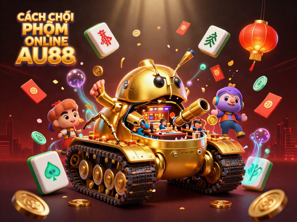 CÁCH CHƠI PHỎM ONLINE AU88 showcasing a golden beetle tank casino with festive elements in a vibrant scene.