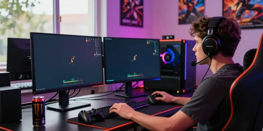 Engaged gamer enjoying akunjp gaming experience in vibrant setup.