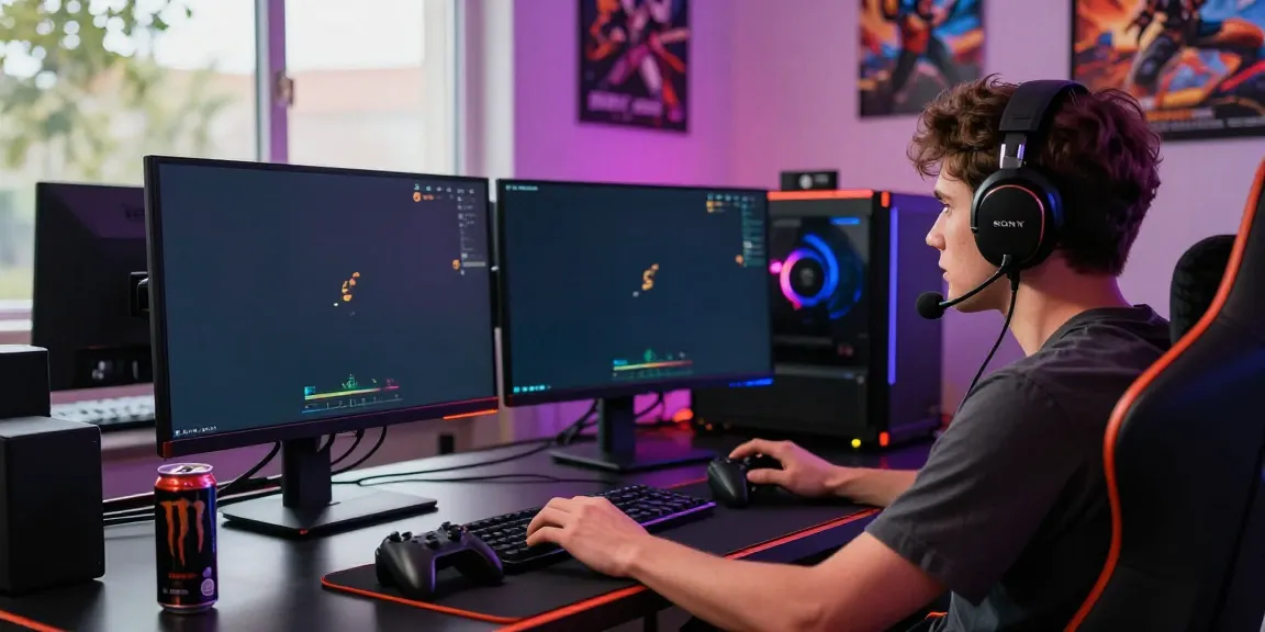 Engaged gamer enjoying akunjp gaming experience in vibrant setup.