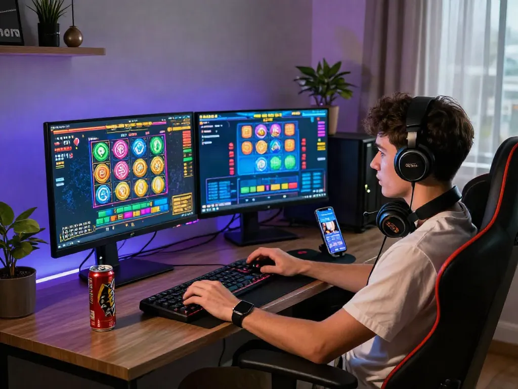 Player enjoying a thrilling slot game experience in a stylish home office.