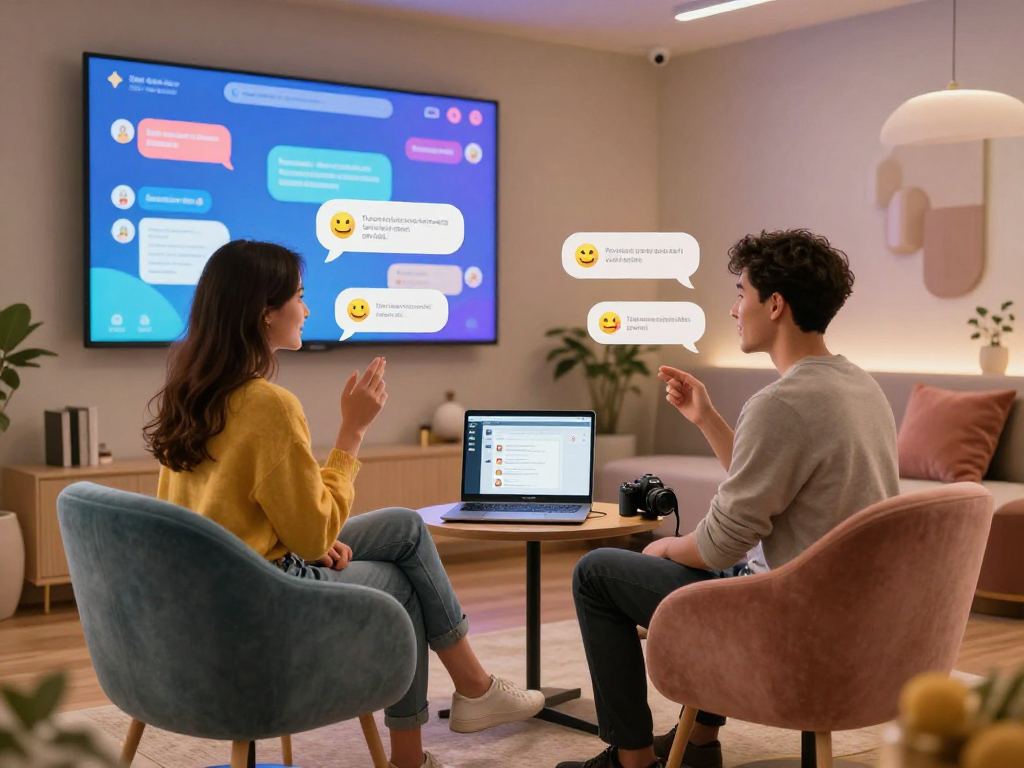 Interactive digital chat scene showcasing engaging porn ai chat between avatars in a cozy lounge environment.