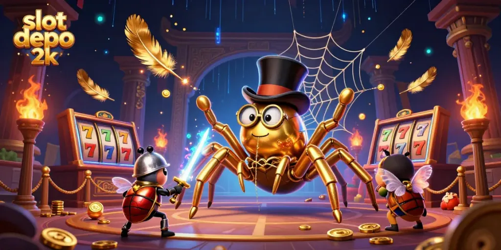 Spin the reels with slot depo 2k and see a giant tarantula in golden threads amidst lively moth spectators.