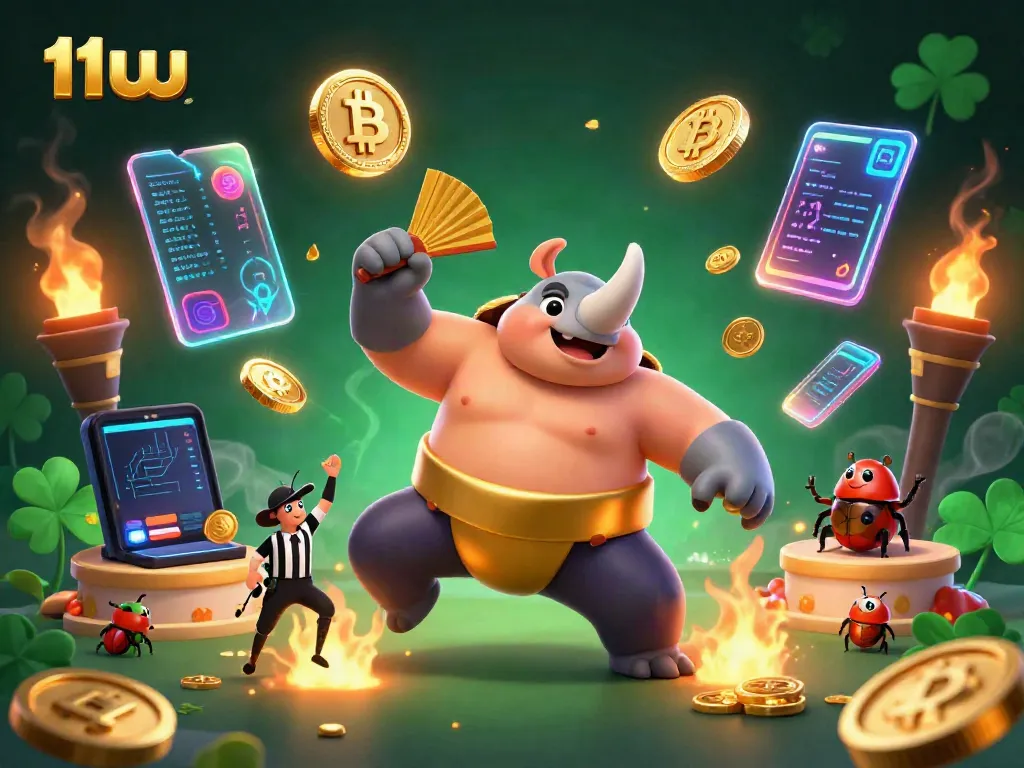 Experience the thrilling dynamics of 11uu with a sumo champion beetle amidst a vibrant casino scene, launching coins and crypto.