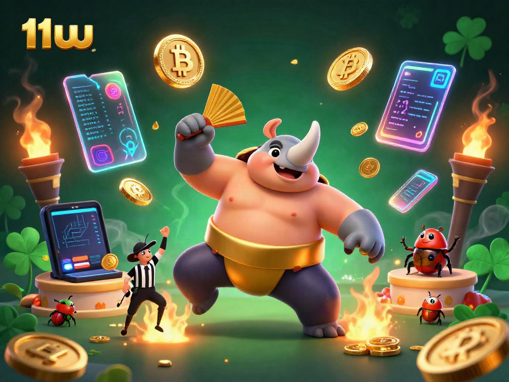 Experience the thrilling dynamics of 11uu with a sumo champion beetle amidst a vibrant casino scene, launching coins and crypto.