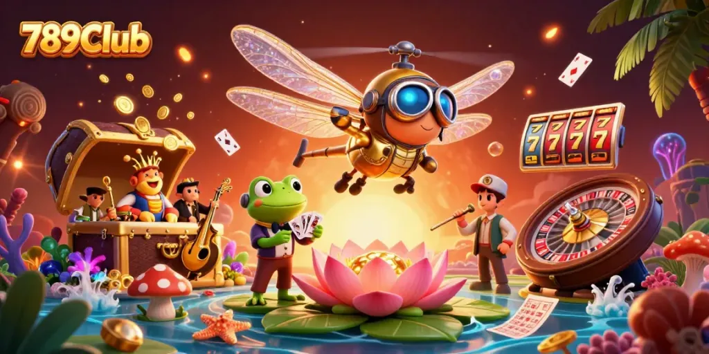 Experience the excitement of 789Club with a vibrant casino scene featuring dynamic game elements and lively characters.