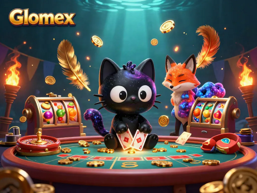 Experience Glomex's vibrant cosmic casino scene as a black hole cat pulls in betting chips and cards.