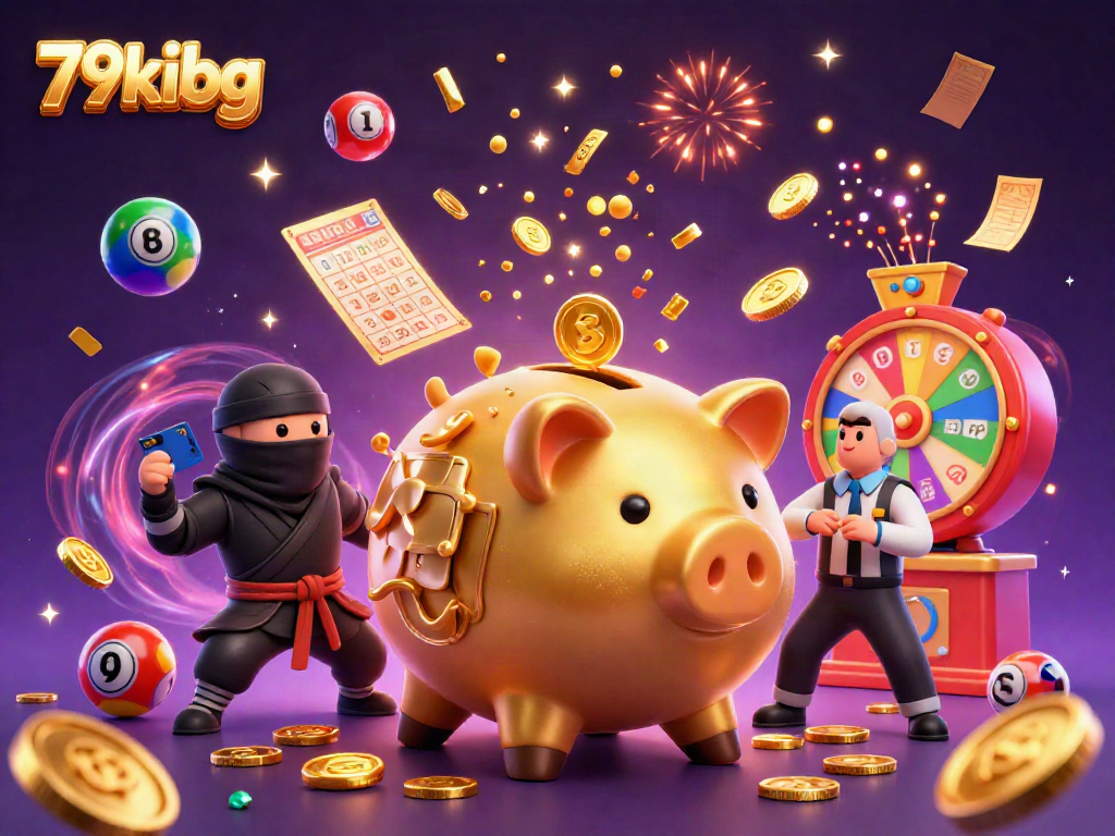 79kibg showcases vibrant casino elements with a golden piggy bank wrestler amid colorful games.