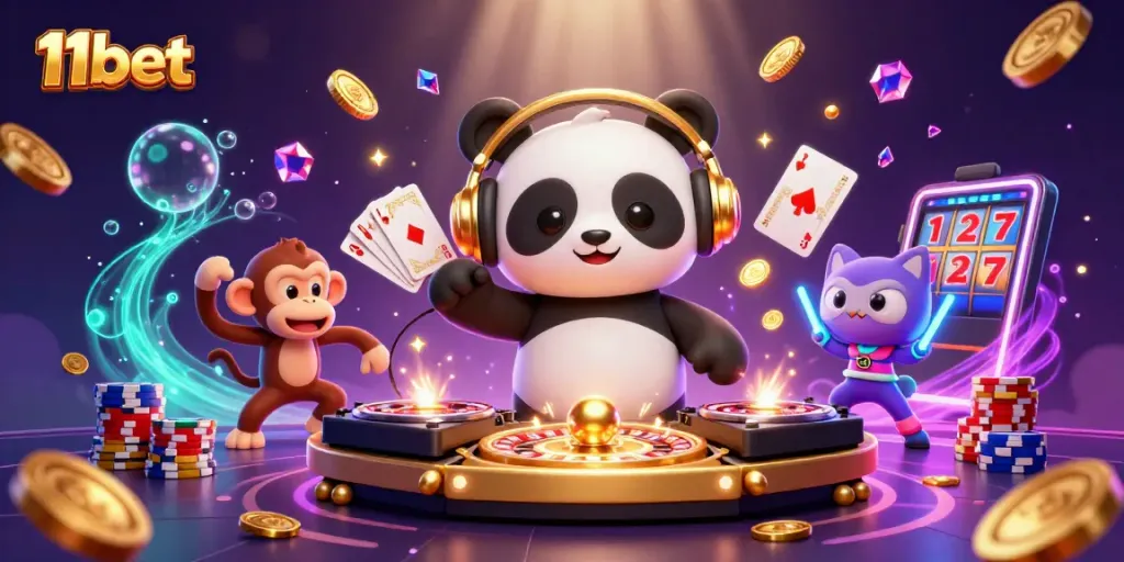 Experience thrilling gaming action with the vibrant 11bet DJ panda and casino characters in a dynamic rave scene.