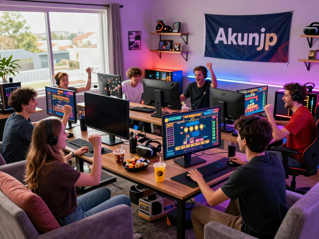 Engaging online gaming scene featuring friends enjoying akunjp slot games