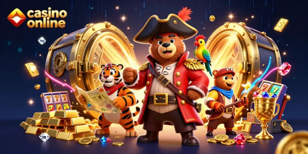 Bermain casino online dengan karakter beruang kapten, harimau, dan burung beo dalam suasana megah.