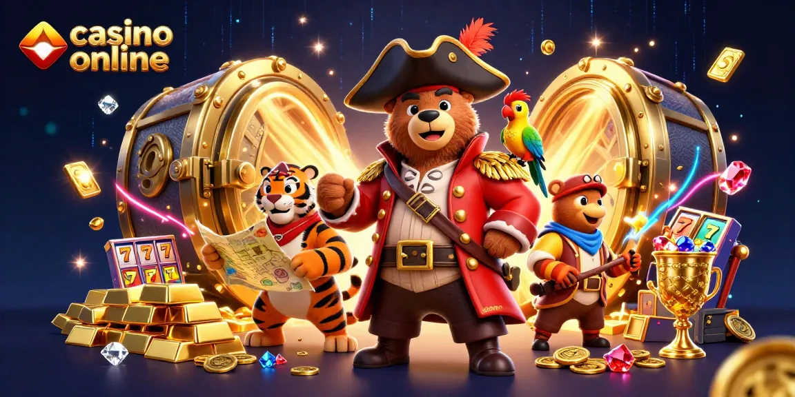 Bermain casino online dengan karakter beruang kapten, harimau, dan burung beo dalam suasana megah.