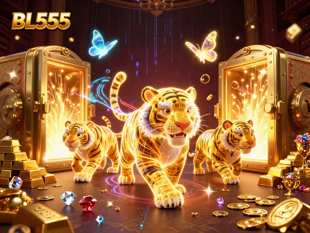 Experience the thrill of BL555 with the golden tiger navigating a digital casino, illuminating the excitement.