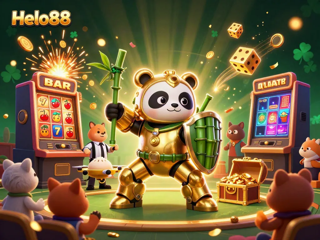 Experience Helo88's thrilling gameplay with a golden panda in mech-suit amid a vibrant casino scene.