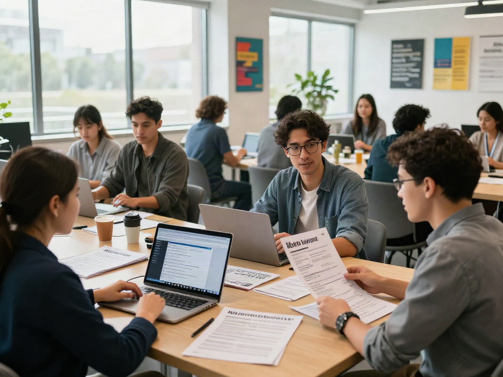 Job seekers engaged in a vibrant job search at a modern coworking space, highlighting their pursuit of หางาน opportunities.