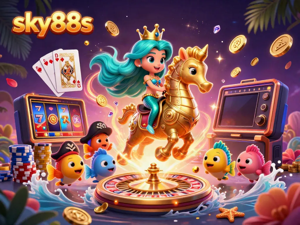Experience thrilling gaming action at sky88s with a vibrant illustration of a mermaid princess and seahorse amidst casinos.