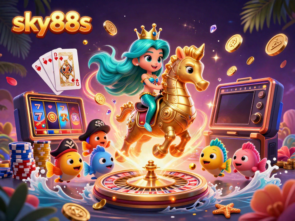 Experience thrilling gaming action at sky88s with a vibrant illustration of a mermaid princess and seahorse amidst casinos.