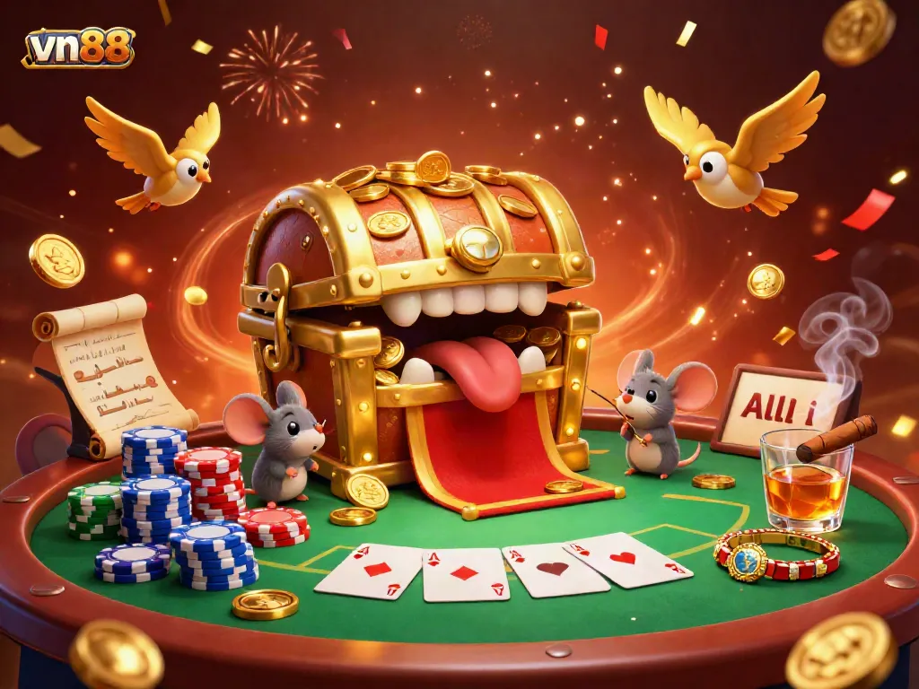 Experience exciting gameplay at vn88 with a stimulating treasure-themed casino illustration showcasing poker chips and more.