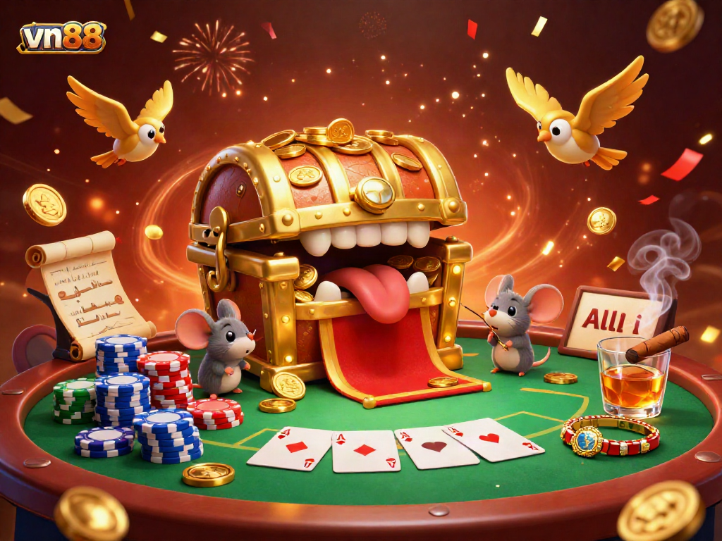 Experience exciting gameplay at vn88 with a stimulating treasure-themed casino illustration showcasing poker chips and more.