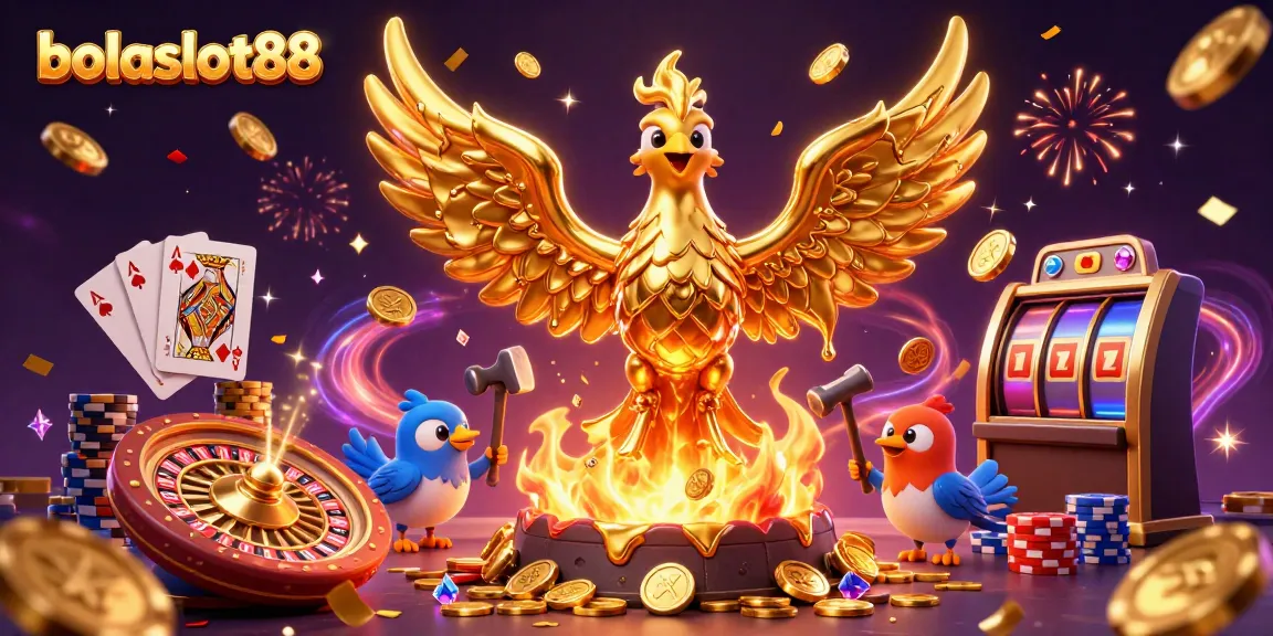 Experience the excitement of bolaslot88 with a dynamic 3D illustration featuring a molten golden phoenix emerging from coins, surrounded by vibrant casino elements.