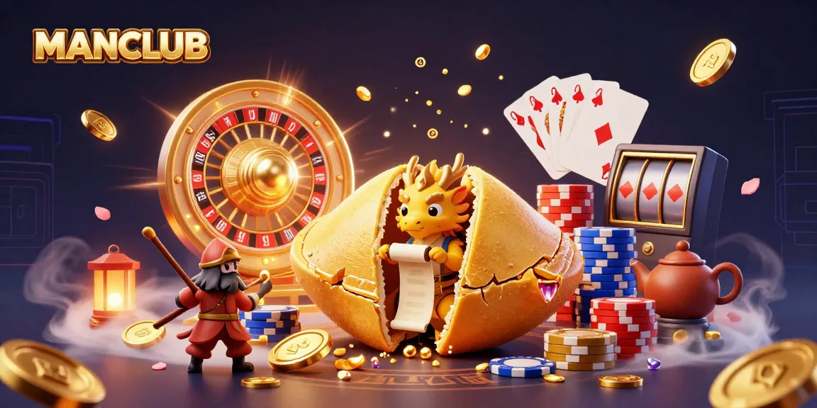 Engage with MANCLUB's gaming world through an enchanting illustration of a golden fortune cookie, wise dragon, and vibrant casino elements.