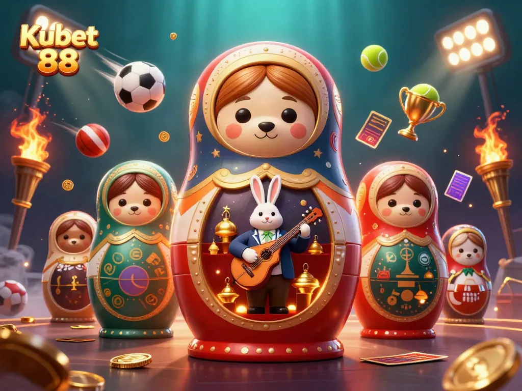 Kubet 88 showcases animated casino characters in a vibrant 3D illustration, engaging with sports betting elements.
