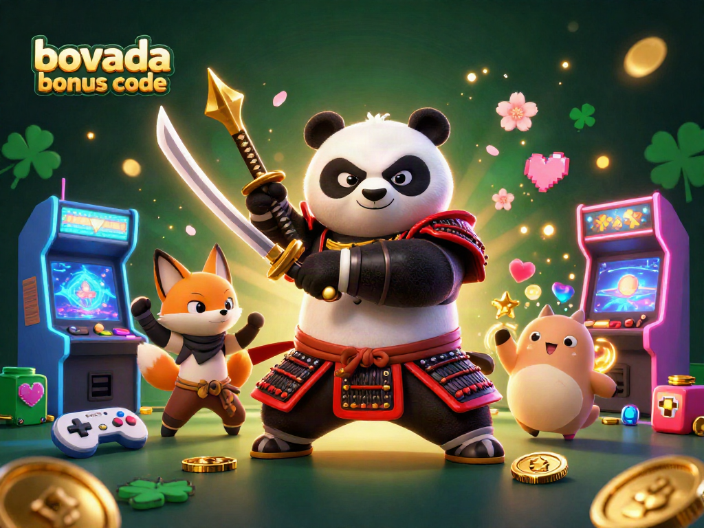 Engage with the Bovada bonus code featuring a samurai panda and ninja fox in an arcade with vibrant casino elements.