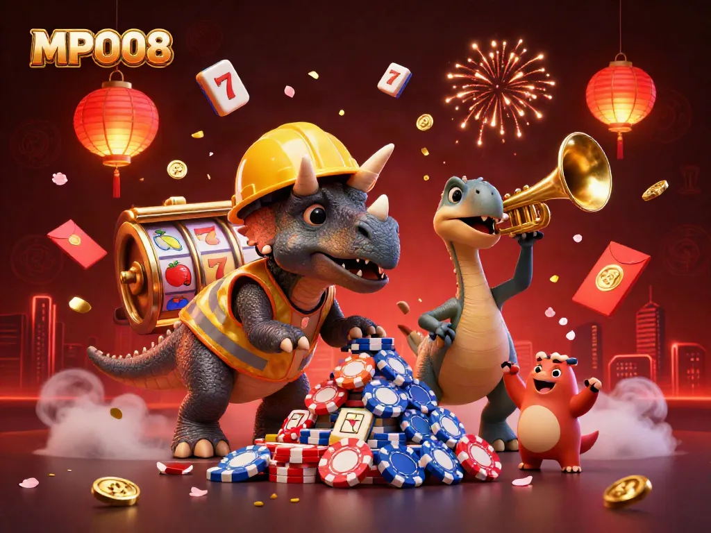 MPO08 showcases an energetic gambling scene with cartoon dinosaurs celebrating over a jackpot of poker chips.