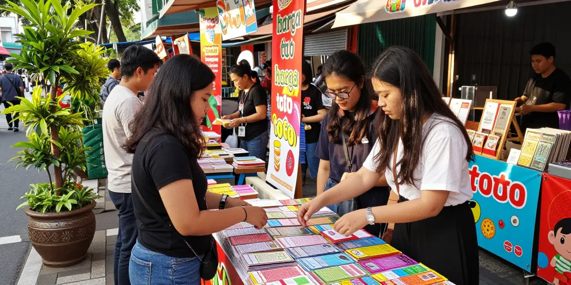 Explore various harga toto lottery options in a lively marketplace scene.