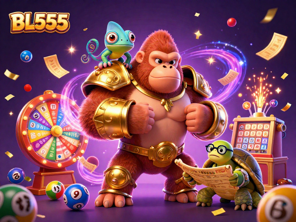 Join the excitement at BL555 with a powerful gorilla king and dynamic game elements swirling around!
