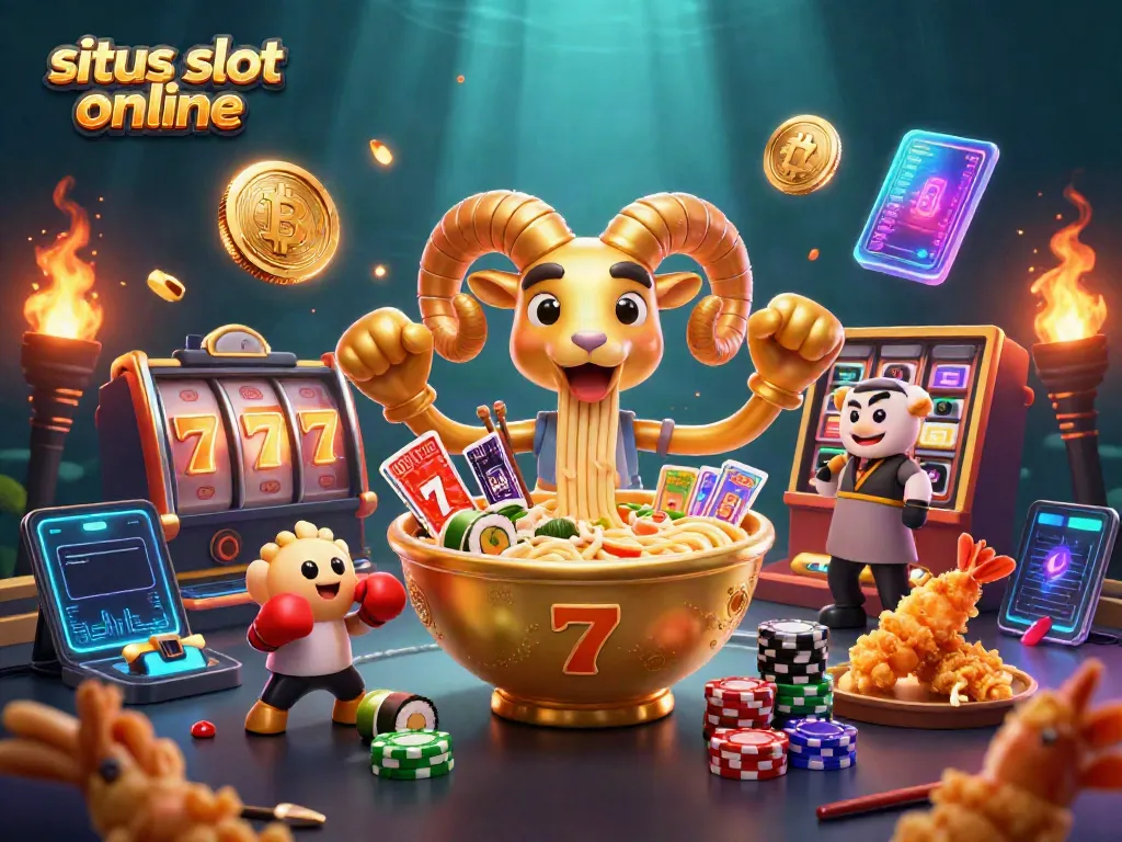 Permainan situs slot online dengan karakter menarik seperti ramen emas, kartu, dan simbol jackpot yang meriah.