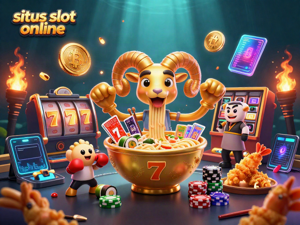 Permainan situs slot online dengan karakter menarik seperti ramen emas, kartu, dan simbol jackpot yang meriah.