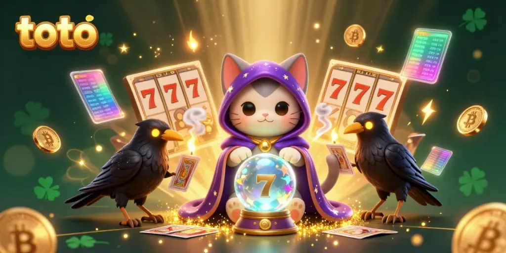 Engage in thrilling toto gaming with vibrant slot reels and a mystic cat guiding your fortune.